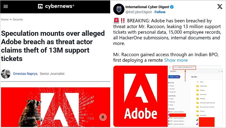 Visualisation of the alleged 2026 Adobe data breach scope - 13 million support tickets, 15,000 employee records