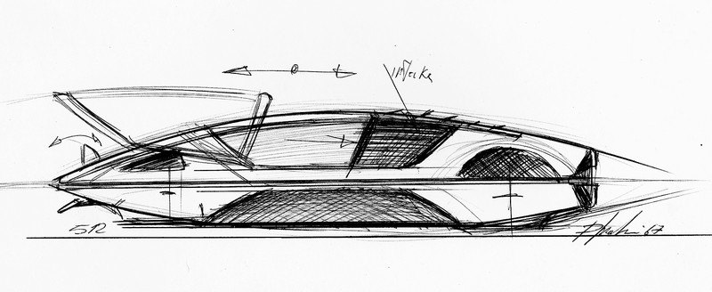 Original 1967 profile design sketch of the Ferrari 512 S Modulo by Paolo Martin, showing the wedge silhouette and sliding canopy in pen on paper. Sketch by Paolo Martin, CC BY-SA 3.0.