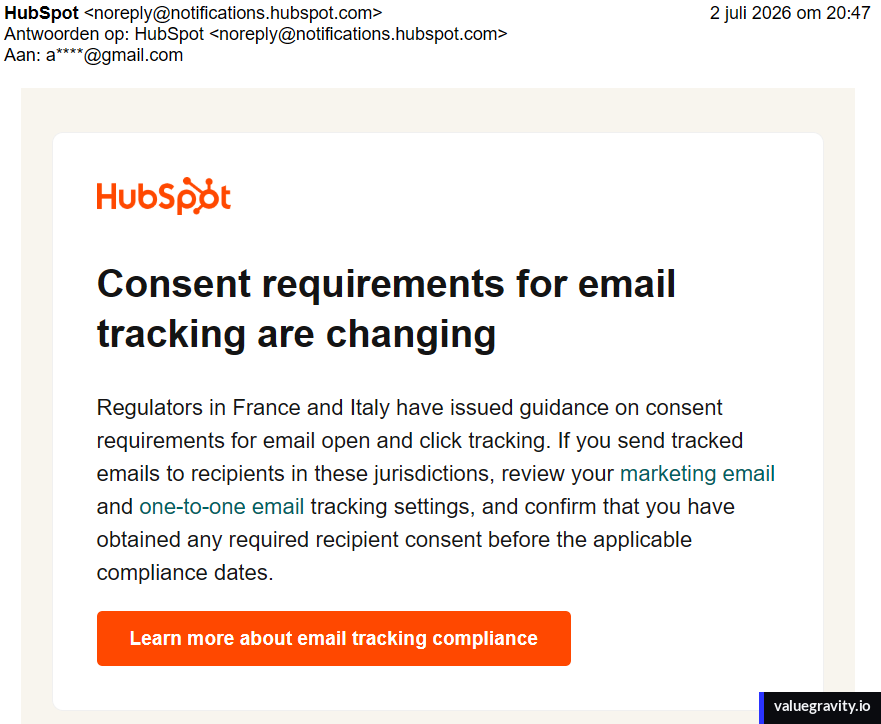 HubSpot email to account admins dated 2 July 2026 with the subject 'Consent requirements for email tracking are changing', announcing French and Italian guidance on email open and click tracking and asking senders to review their tracking settings