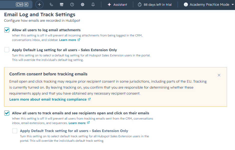 HubSpot Email Log and Track Settings for one-to-one sales email, showing the account-level toggles and HubSpot's consent warning