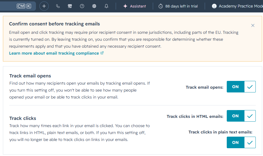 HubSpot marketing email tracking settings showing the Track email opens and Track clicks toggles, with HubSpot's consent warning